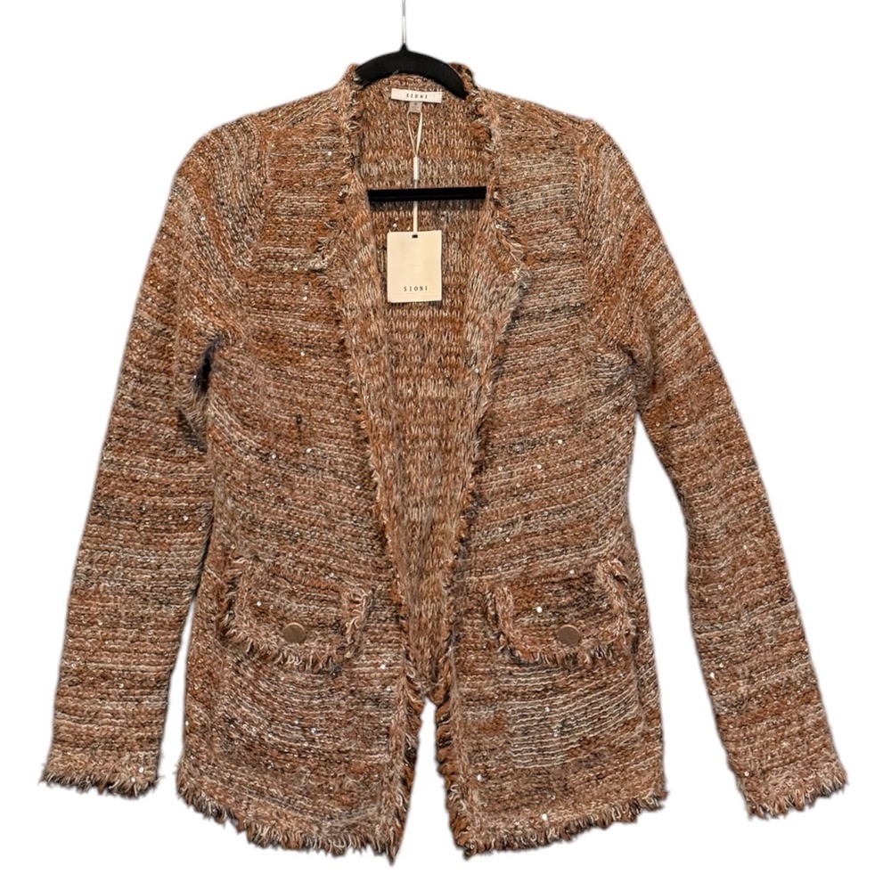 NWT Sioni Earthy Cozy Knit Fringed Open Front Blazer Cardigan Sweater Sz S